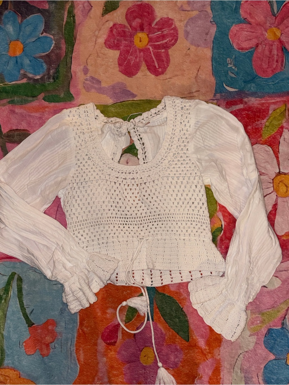 Free People White Crochet Peasant Crop Top